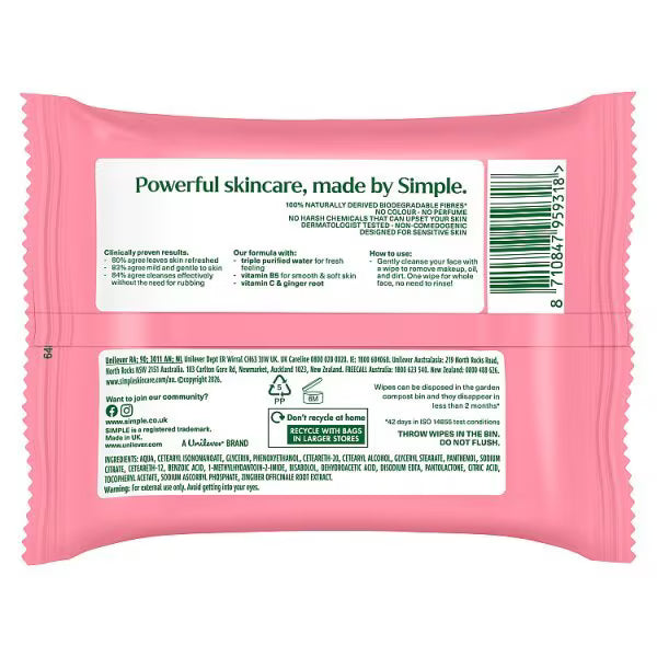 Simple Kind to Skin Brightening Cleansing Wipes, resealable pack packaging, fragrance-free, 20 wipes, ingredients information & barcode
