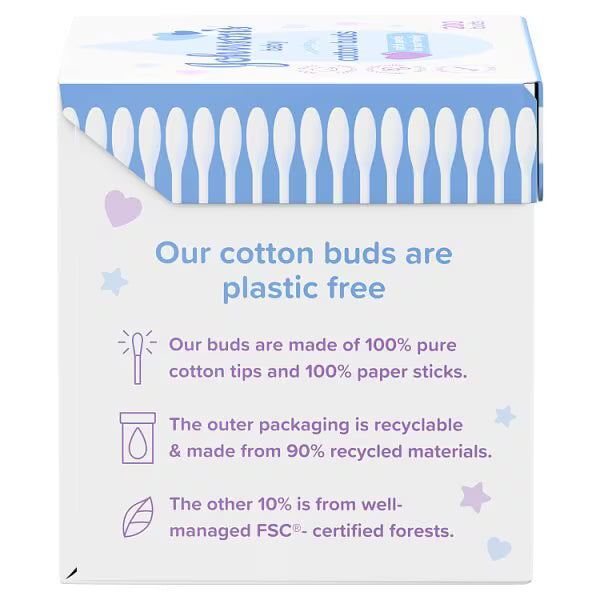 Johnson's Baby Cotton Buds 200 count pure cotton buds back view box packaging