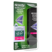 Nicorette QuickMist Cool Berry Mouth Spray 1mg 150 Sprays side view packaging.