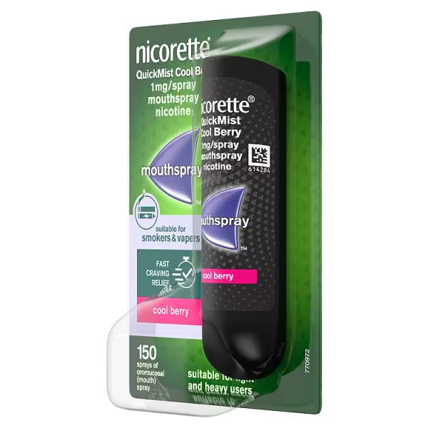 Nicorette QuickMist Cool Berry Mouth Spray 1mg 150 Sprays side view packaging.