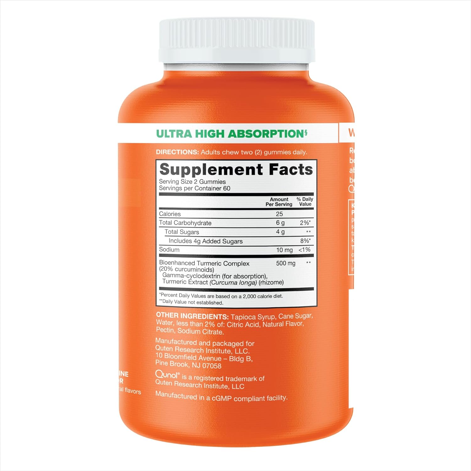 Supplement facts & ingredients image: Qunol Turmeric Curcumin gummies supplement facts 500mg ingredients 120 count