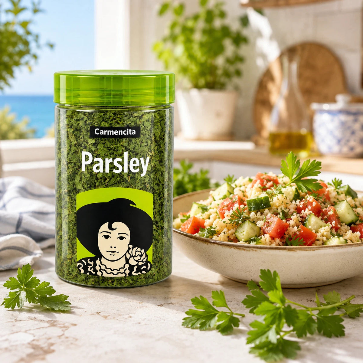 Carmencita Dried Parsley 110g packaging showing suggested uses and product information