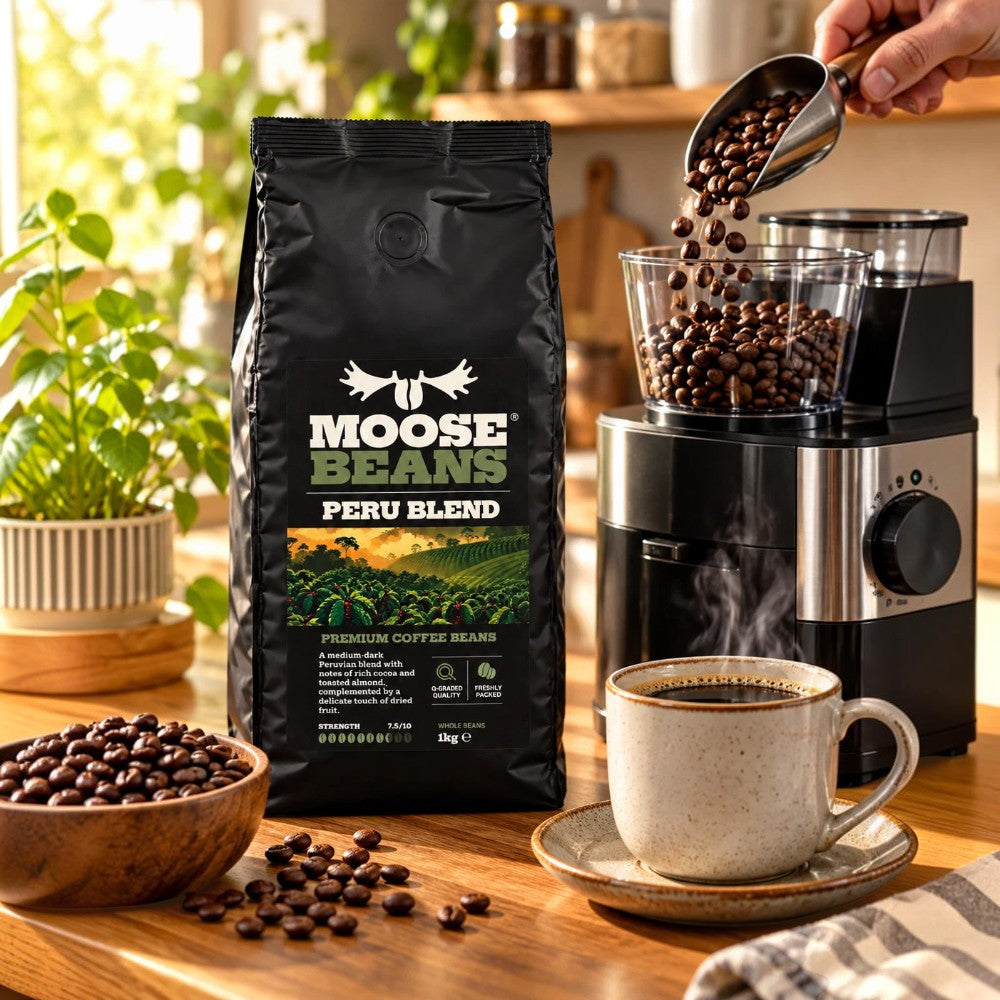 Moose Beans Peru Blend Whole Coffee Beans 1kg brewed in a cafetière or drip filter coffee maker