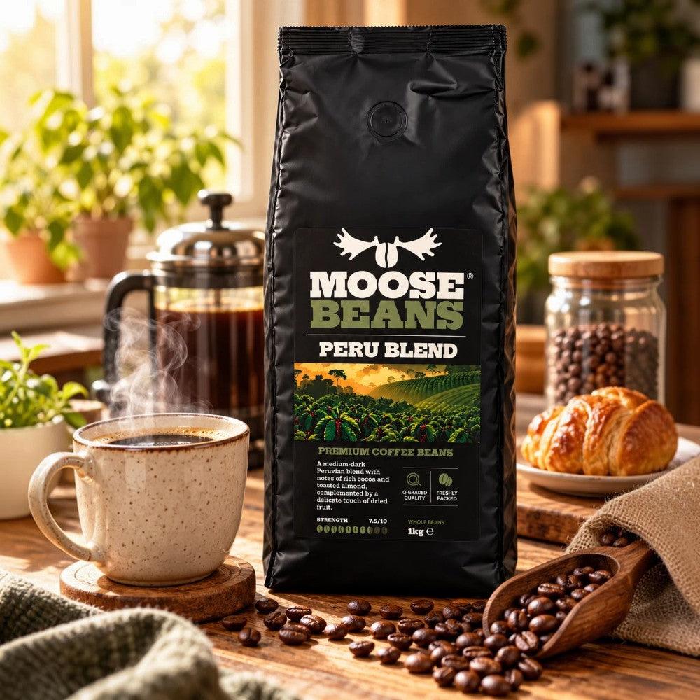 Moose Beans Peru Blend Whole Coffee Beans 1kg brewed in a cafetière or drip filter coffee maker