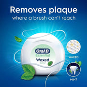 Oral-B Essential Waxed Mint Dental Floss 50m packaging showing the dispenser and floss design