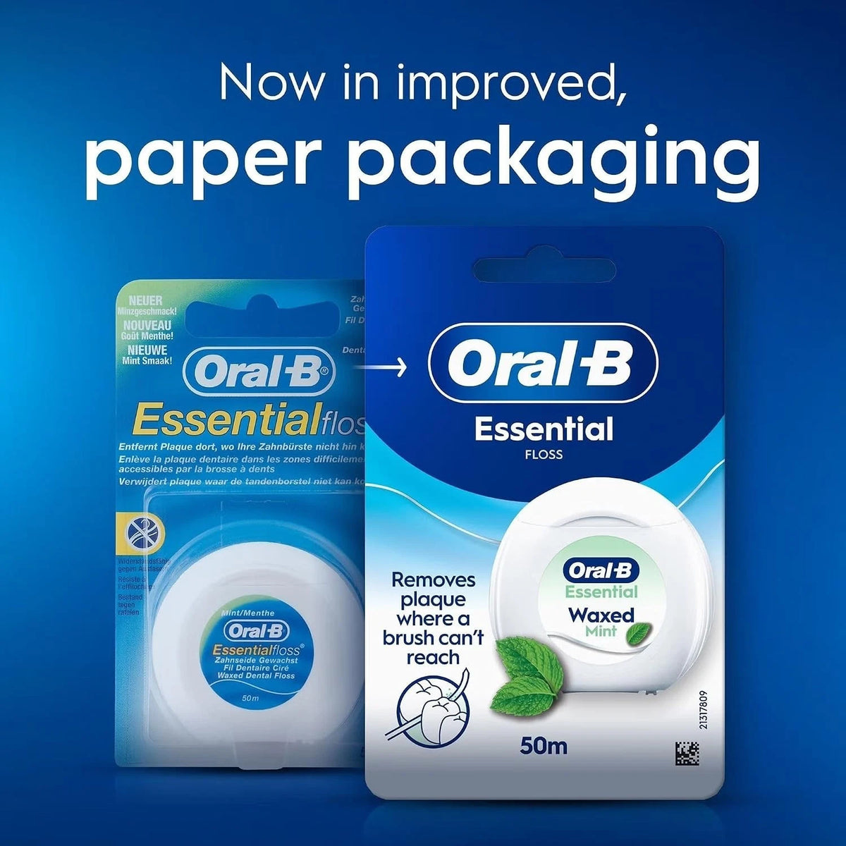 Oral-B Essential Waxed Mint Dental Floss 50m new packaging showing product information