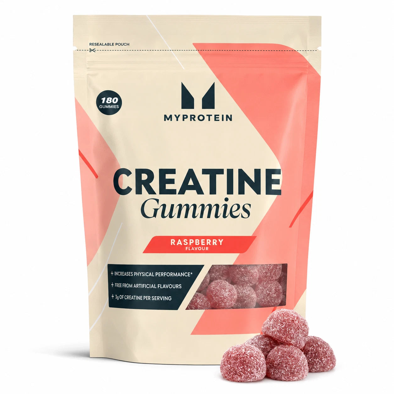 Front image: MyProtein Creatine Gummies raspberry flavour gummy supplement pouch 180 count