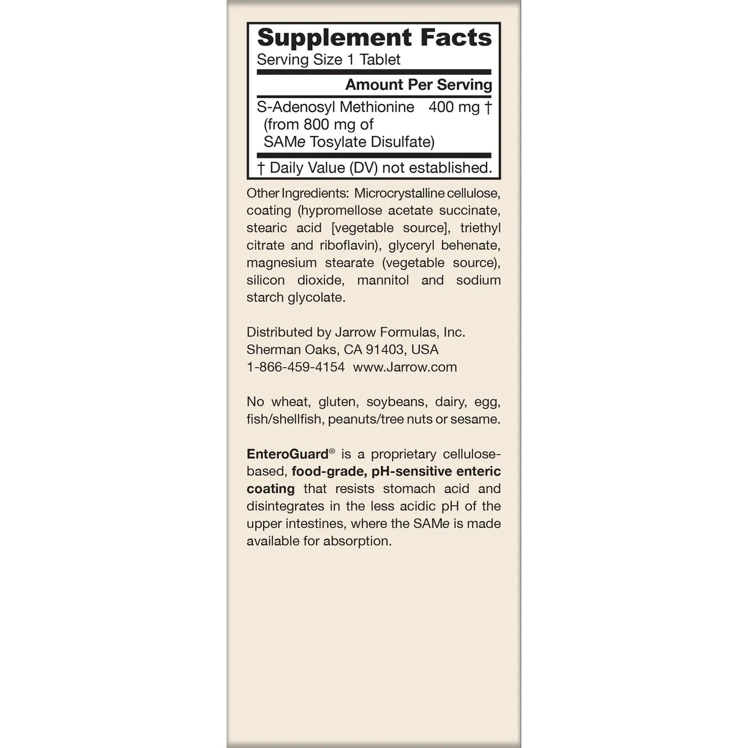 Supplement Facts Image: Jarrow Formulas SAMe 400mg supplement facts ingredients tablets
