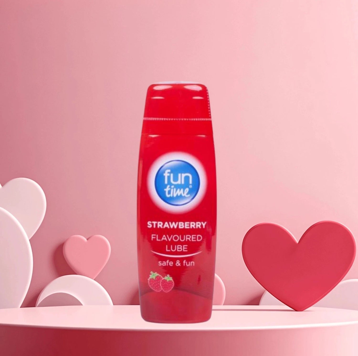 Fun Time Strawberry Flavoured Lubricant 75ml pump bottle on a bedside table
