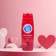Fun Time Strawberry Flavoured Lubricant 75ml pump bottle on a bedside table