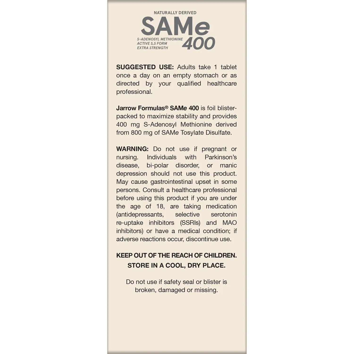 How to Use Image: Jarrow Formulas SAMe 400mg tablets usage instructions