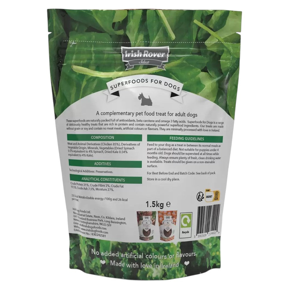 Irish Rover Superfoods Chicken Spinach and Kale dog treats resealable bag 1.5kg ingredients & barcode