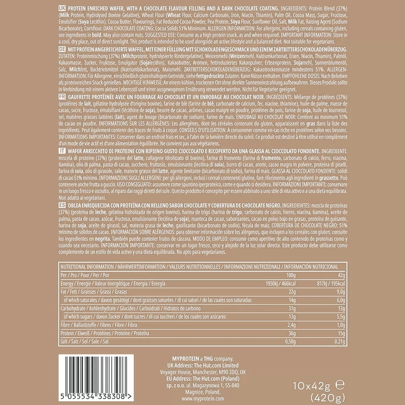 MyProtein Crispy Wafer Chocolate Flavour Protein Bar 10 x 42g barcode packaging image