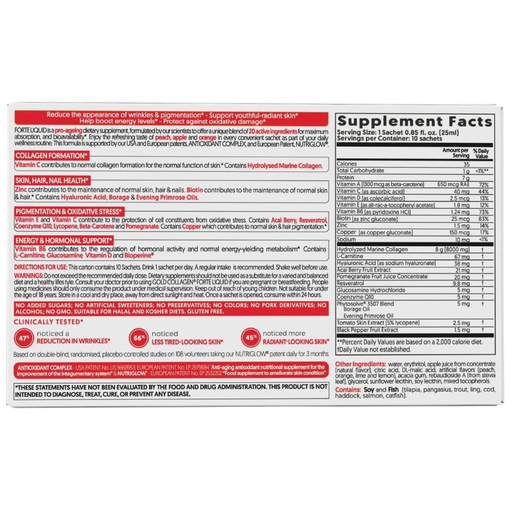 Gold Collagen Forte Liquid peach apple orange flavoured marine collagen supplement 8000mg 10 x 25ml sachets ingredients and supplement facts
