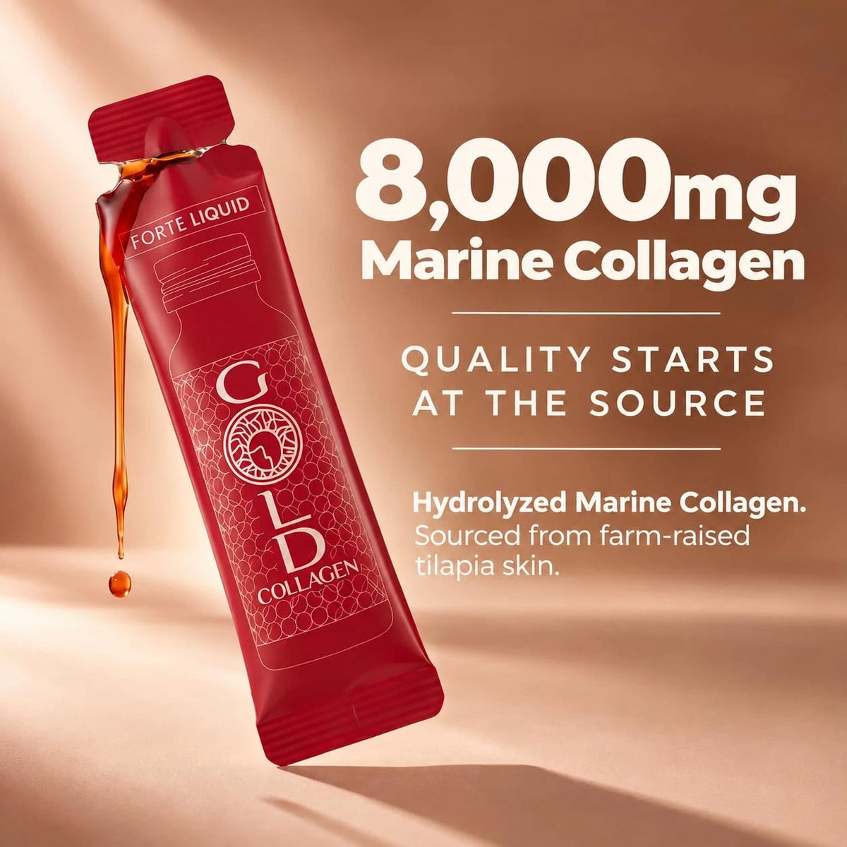 Gold Collagen Forte Liquid peach apple orange flavoured marine collagen supplement 8000mg 10 x 25ml sachets lifestyle use image