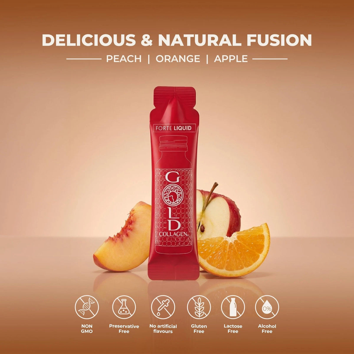 Gold Collagen Forte Liquid peach apple orange flavoured marine collagen supplement 8000mg 10 x 25ml sachets lifestyle use image