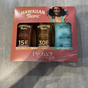 Front image: Hawaiian Tropic sun care set SPF15 SPF30 dry oil spray 200ml and after sun lotion 180ml bottles