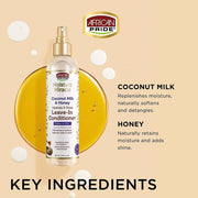 African Pride Moisture Miracle Coconut Milk & Honey Leave-In Conditioner ingredients label 237ml bottle