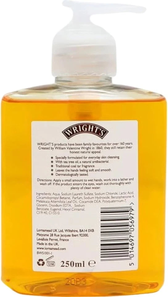 Wright's Antibacterial Hand Wash, pump bottle packaging, Coal Tar fragrance, 250ml, ingredients information & barcode