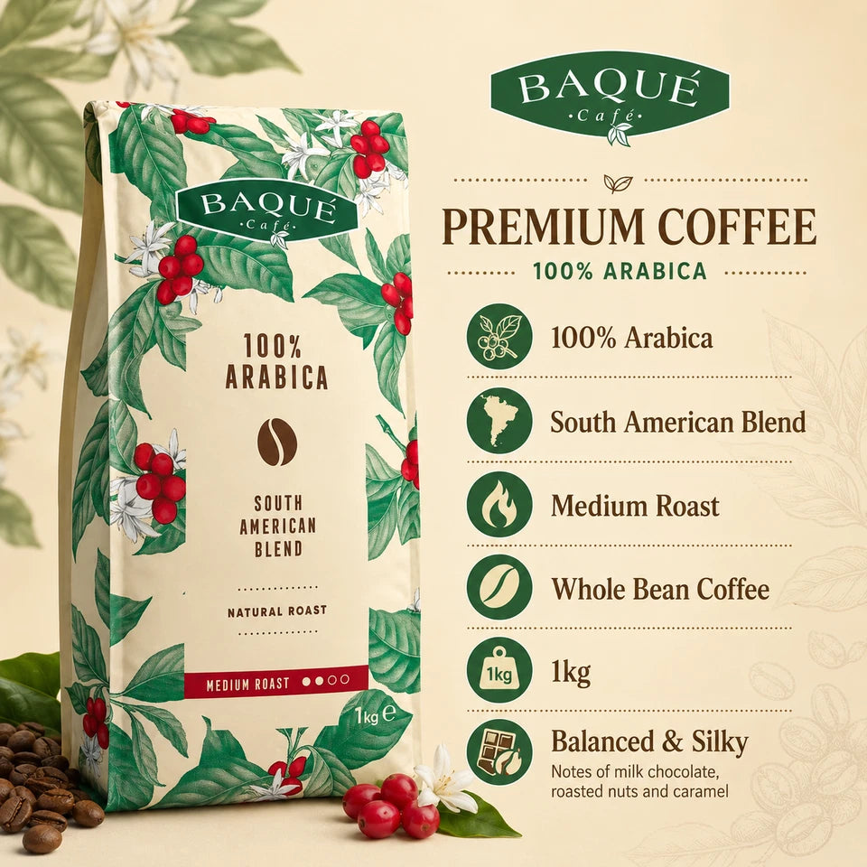 Baqué Café 100% Arabica South American Blend Coffee Beans, coffee bag packaging, no flavour, 1kg, ingredients information