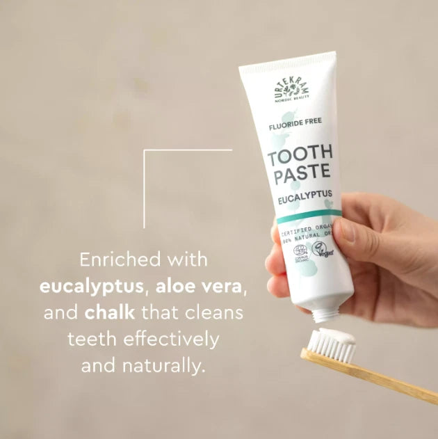 Urtekram Fluoride Free Eucalyptus Toothpaste, toothpaste tube packaging, eucalyptus flavour, 75ml, oral care and brushing directions
