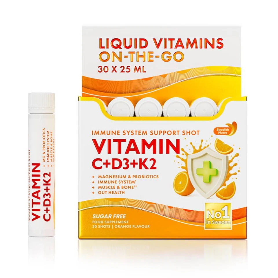 Swedish Nutra Vitamin C D3 K2 shots orange flavour sugar free 30x25ml pack
