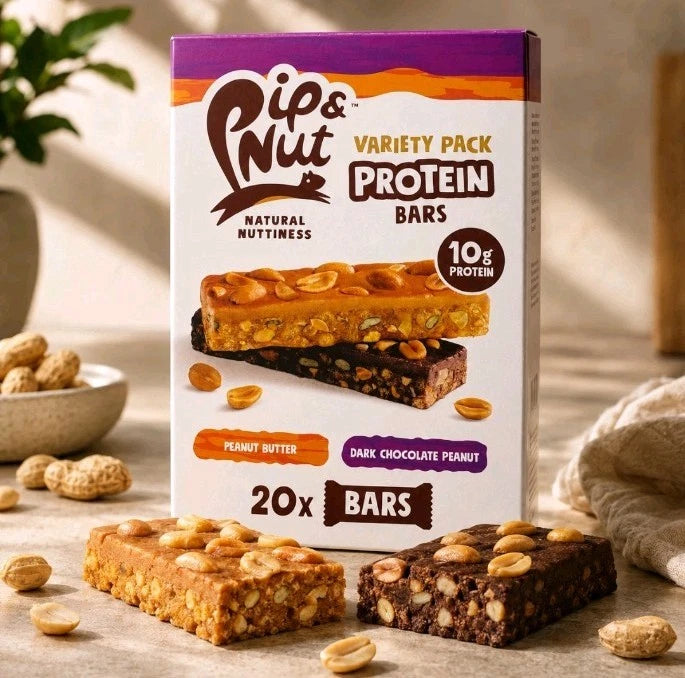 Pip & Nut Peanut Butter and Dark Chocolate Peanut Protein Bars variety pack box 20 x 46g snack use