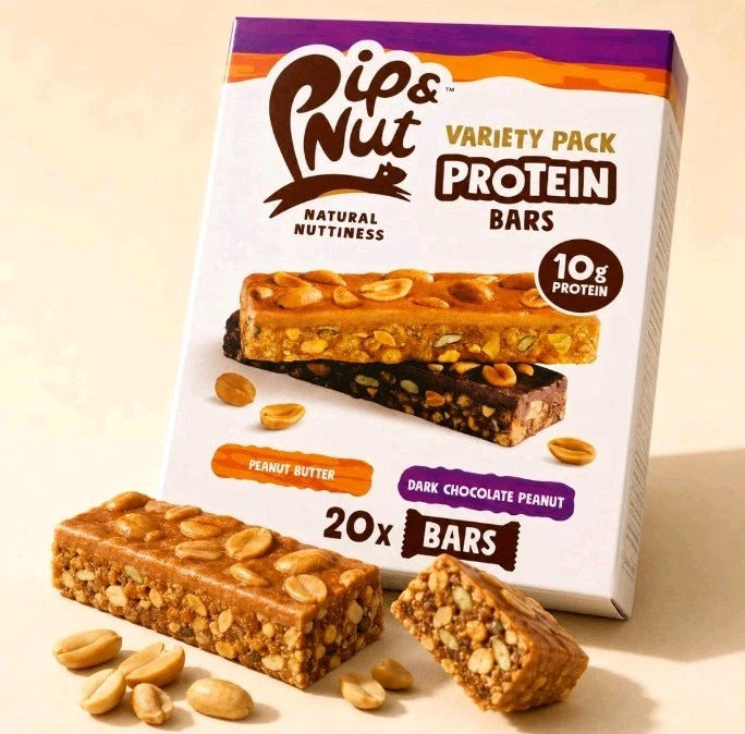 Pip & Nut Peanut Butter and Dark Chocolate Peanut Protein Bars variety pack box 20 x 46g snack use