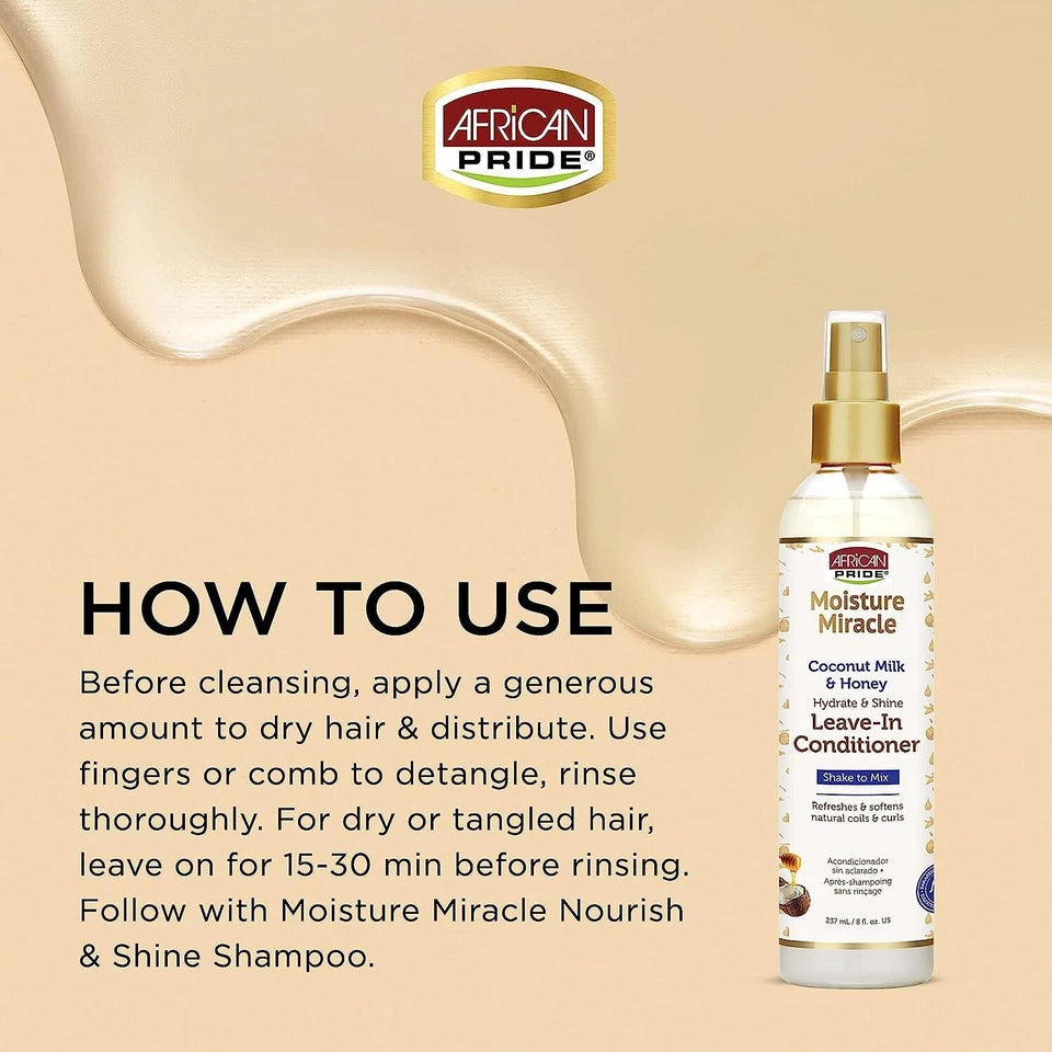 African Pride Moisture Miracle Coconut Milk & Honey Leave-In Conditioner 237ml usage instructions