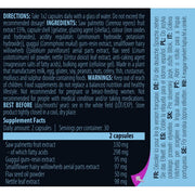 Supplement facts panel for Scitec Saw Palmetto Complex showing herbal blend and ingredients.