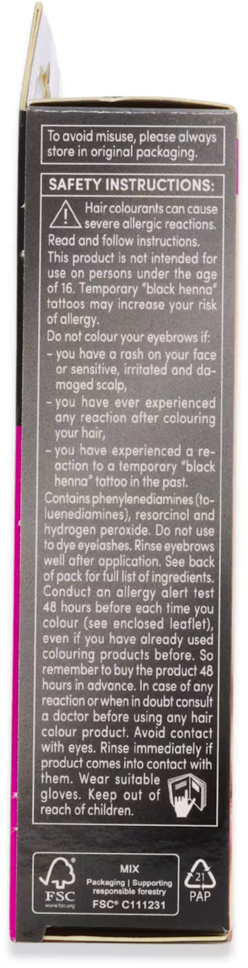 Schwarzkopf Brow Tint Dark Brown safety information panel