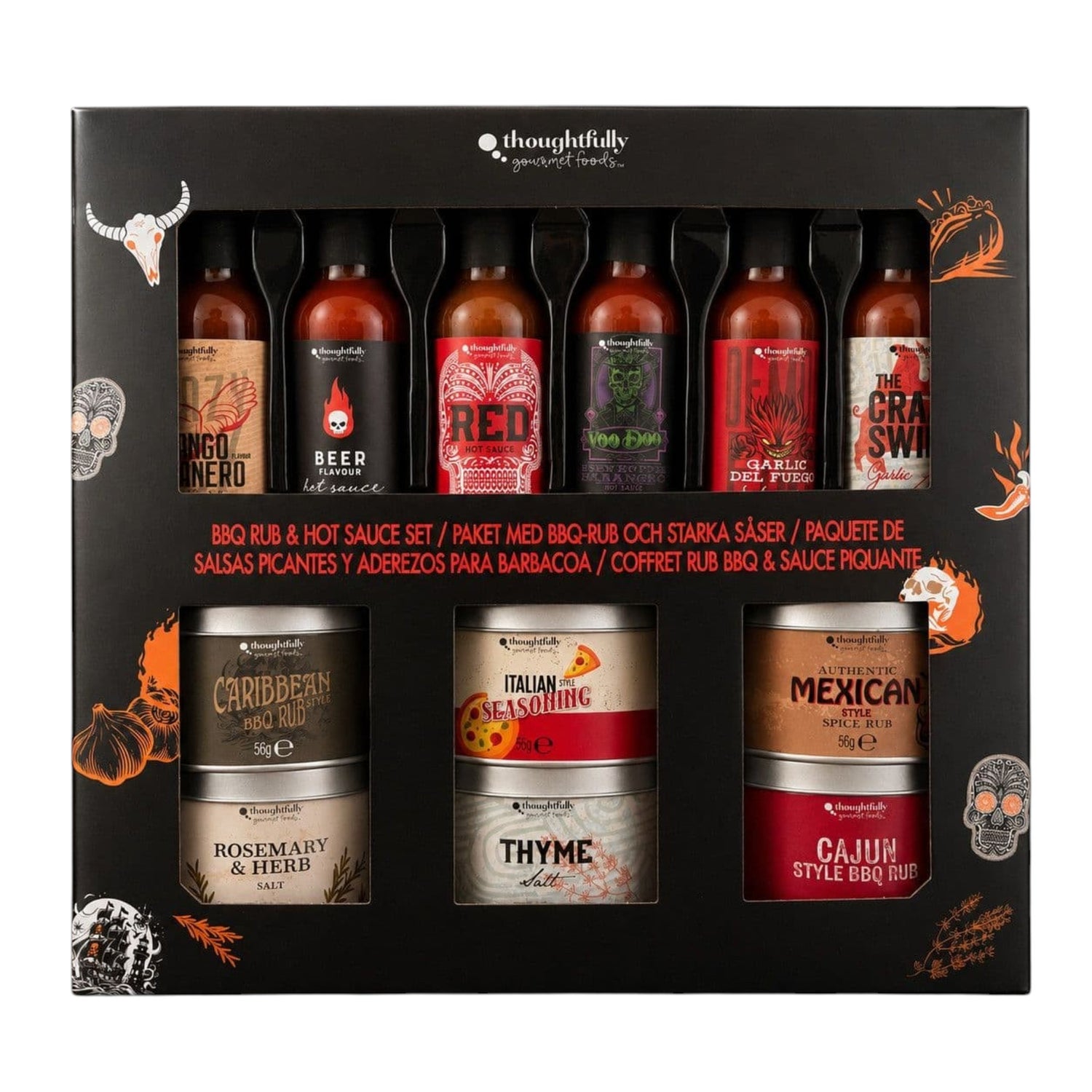 Thoughtfully BBQ Rub & Hot Sauce Gift Set, assorted sauce bottles and seasoning packaging, assorted flavours, 12 pieces, 606g