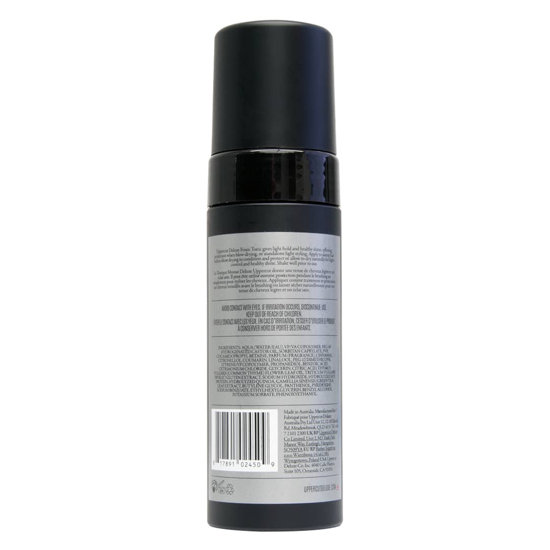 Ingredients & barcode image: Uppercut Deluxe Styling Foam Tonic 150ml ingredients panthenol quinoa extracts