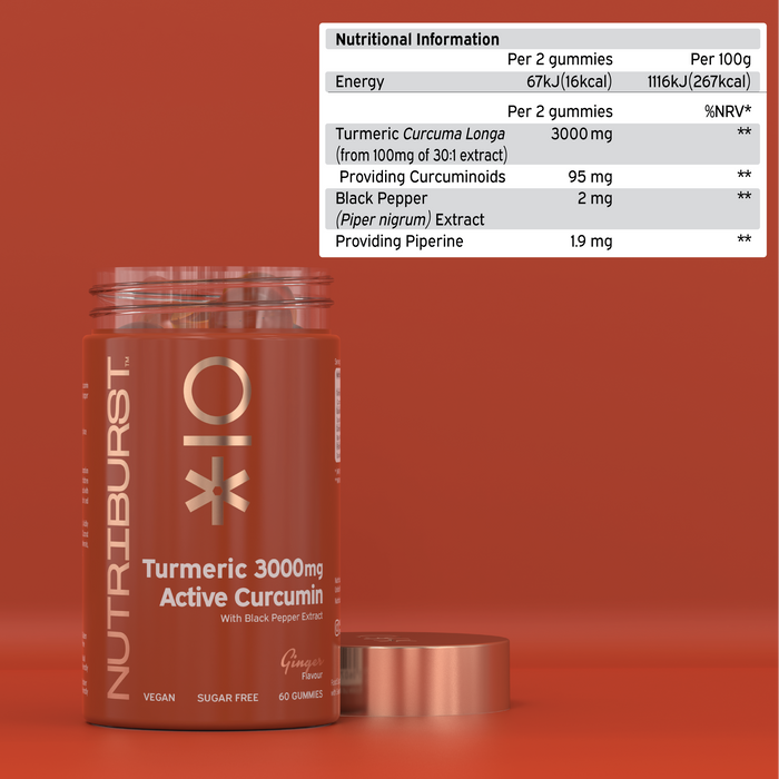 Supplement facts panel for Nutriburst Turmeric Curcumin with Black Pepper Extract gummies.