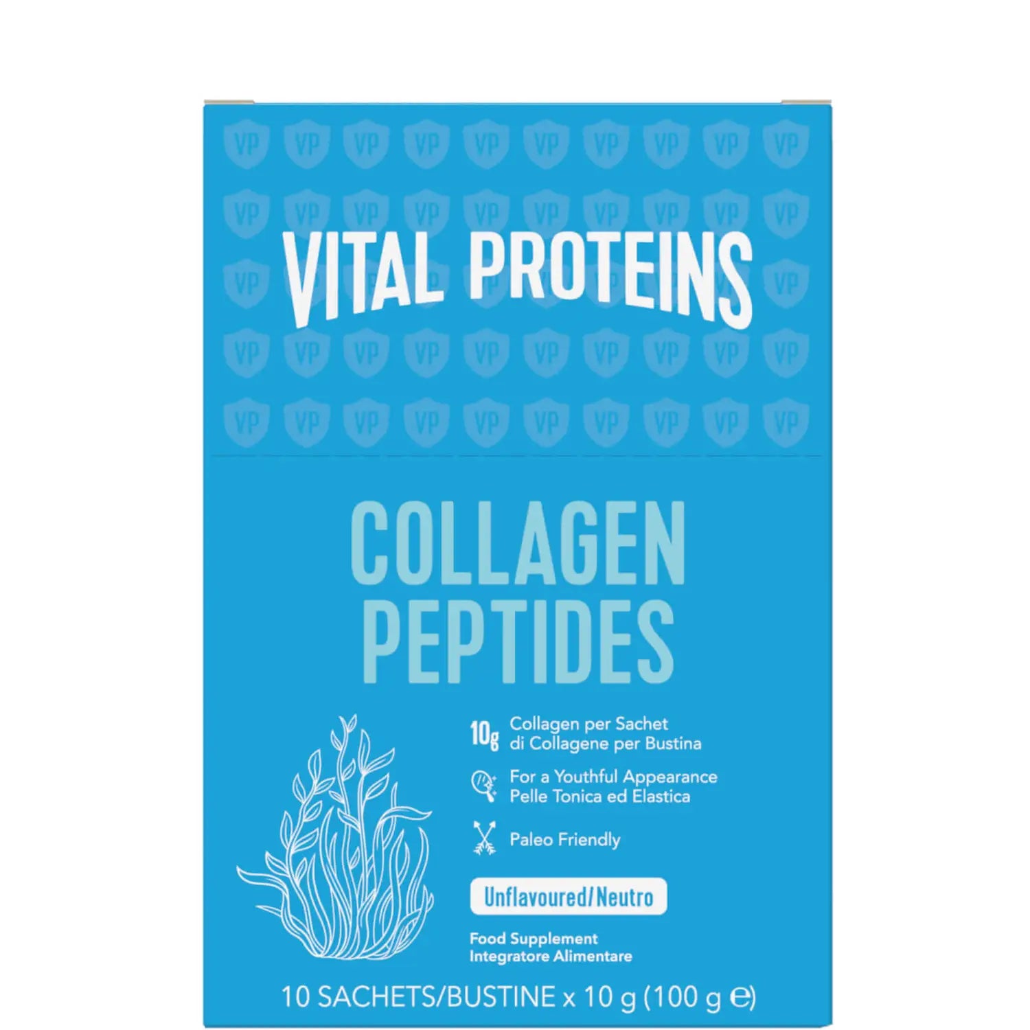 Front image: Vital Proteins Collagen Peptides sachets unflavoured 10 pack 10g each