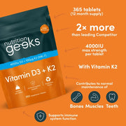 Nutrition Geeks Vitamin D3 + K2 4000IU, vegetarian food supplement tablet packaging, no flavour, 365 tablets, daily vitamin supplement use