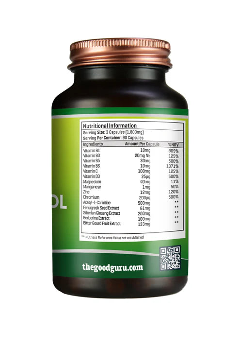 Supplement facts label for The Good Guru Metabolic Support with B Vitamins and herbs, 90 count.