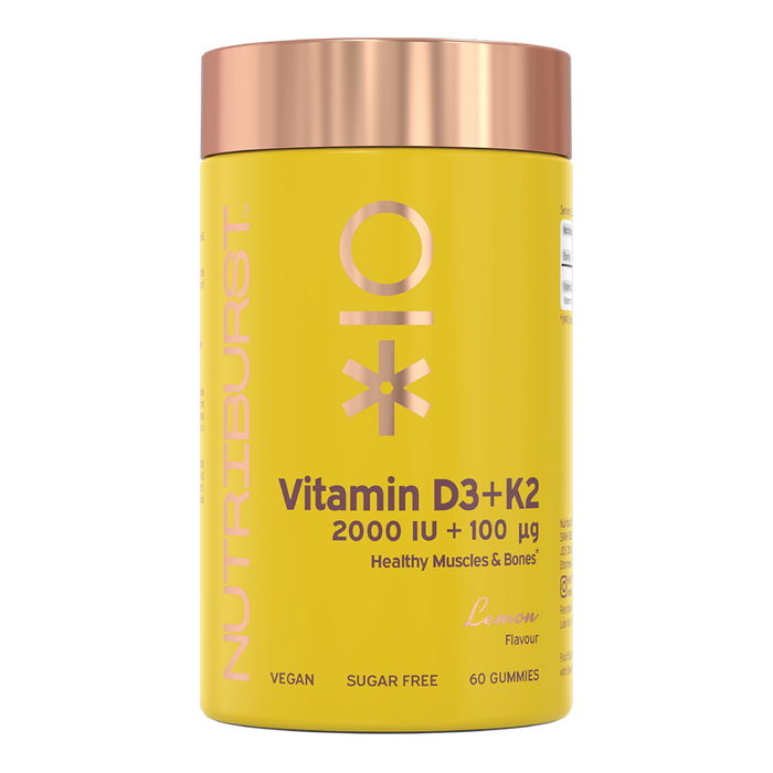 Nutriburst Vegan Vitamin D3 and K2 Gummies bottle, lemon flavour, 60 count.