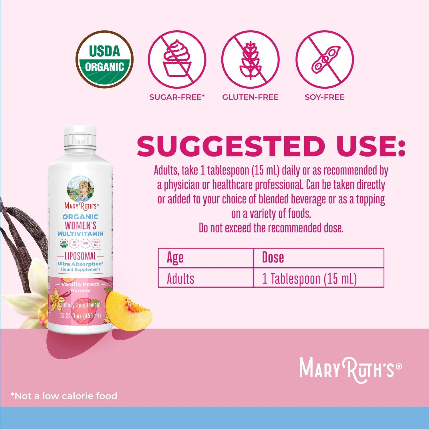 How to Use: MaryRuth’s Women’s Liposomal Multivitamin liquid serving spoon vanilla peach flavour 450ml