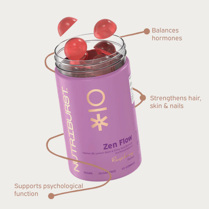 Nutriburst Zen Flo Women's Wellness Gummies bottle, raspberry flavour, 60 count.