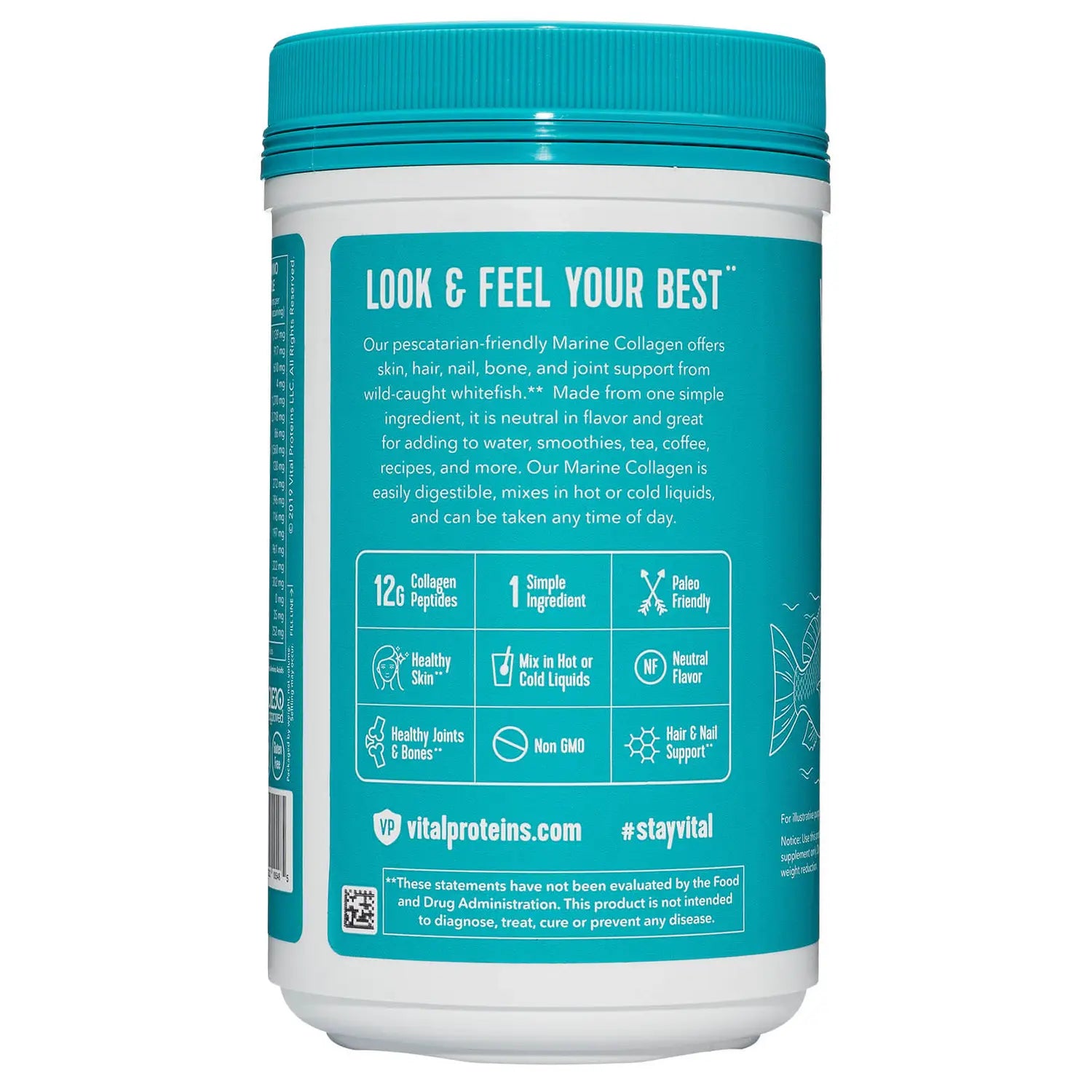 Back image: Vital Proteins Marine Collagen Peptides powder unflavoured tub 221g