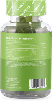 Novomins Apple Cider Vinegar 1000mg Gummies Apple 60 Count ingredients nutritional label with barcode
