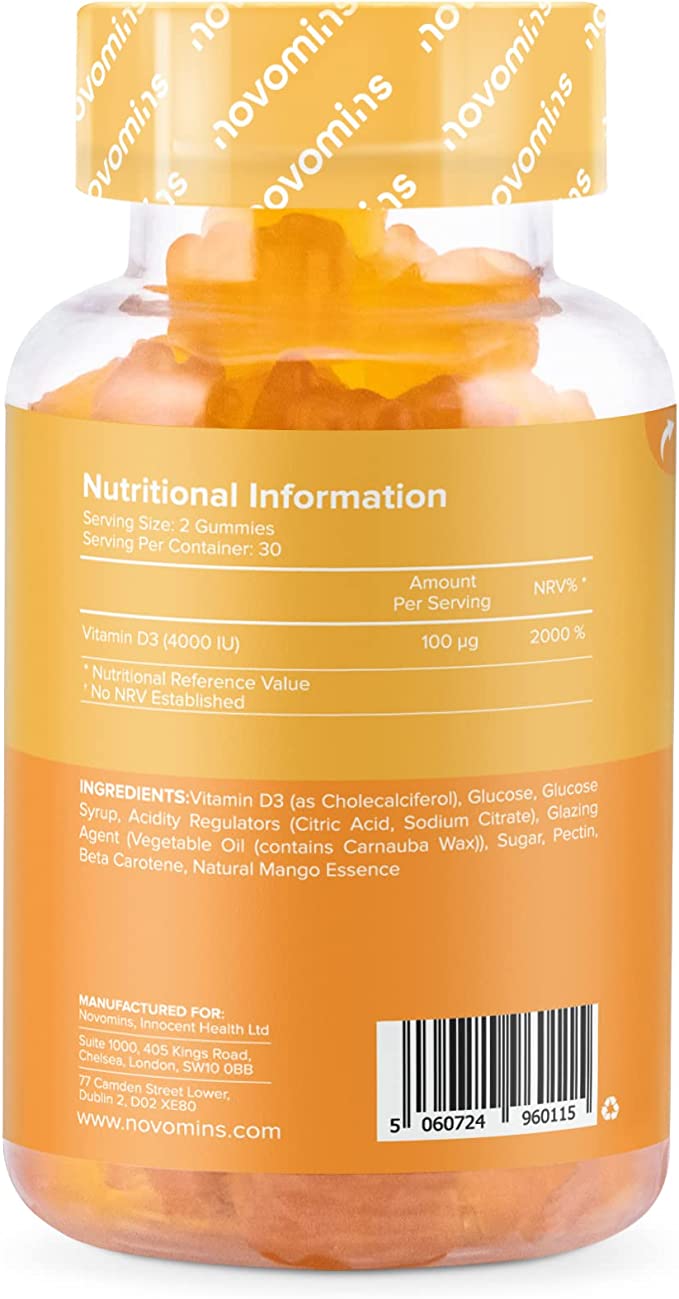 Novomins Vitamin D3 Gummies 4000 IU Mango 60 Count ingredients nutritional label with barcode