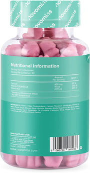 Novomins Calcium Vitamin D K2 Gummies Peach 60 Count ingredients nutritional label with barcode