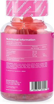 Novomins Marine Collagen Gummies Peach 60 Count ingredients nutritional label with barcode