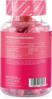 Novomins Womens Bio Balance Gummies Strawberry 60 Count ingredients nutritional label with barcode