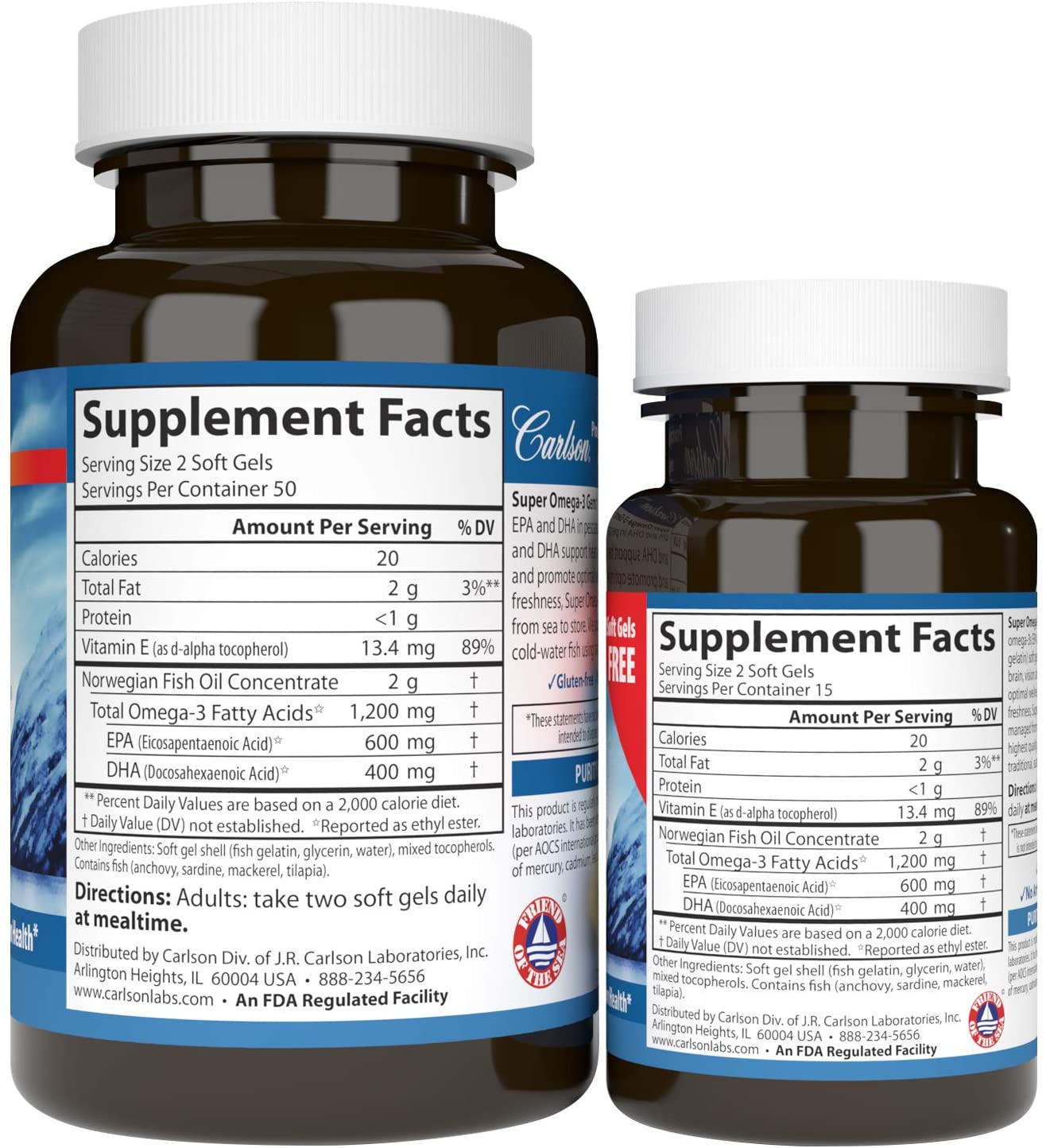 Supplement facts & ingredients image: Carlson Super Omega 3 EPA DHA supplement facts fish gelatin softgels 130 count