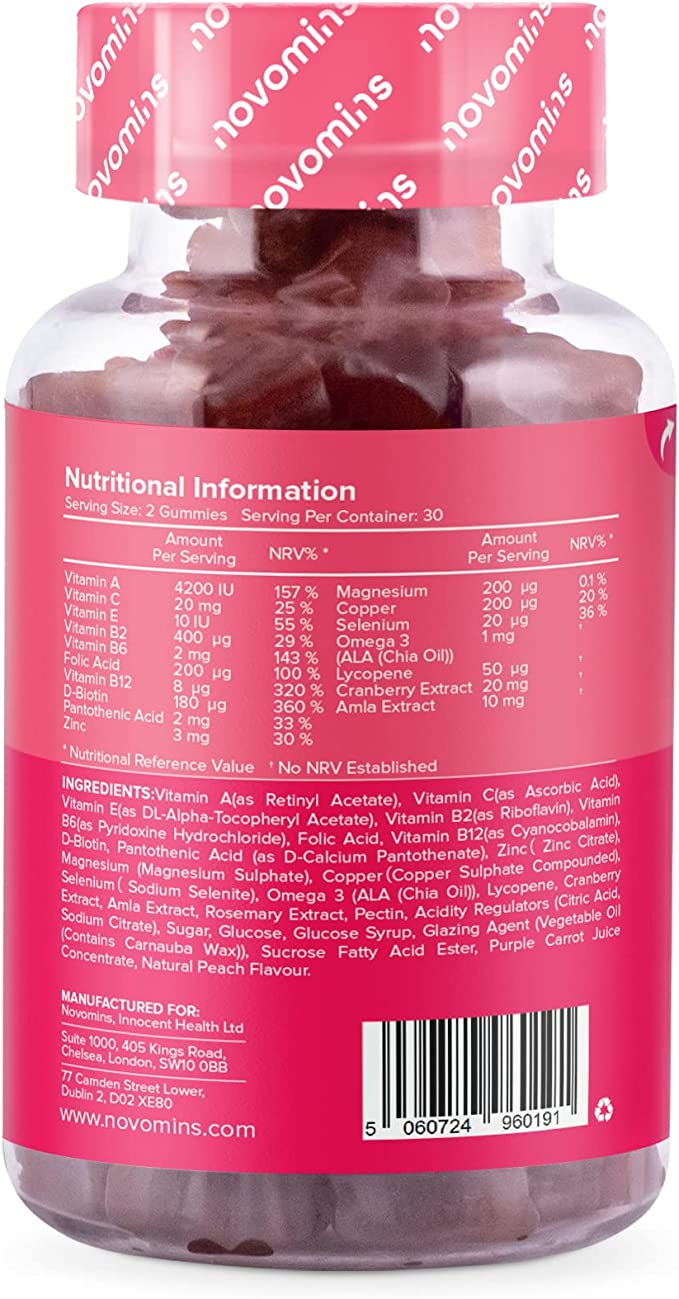 Novomins Multivitamin Gummies Peach 60 Count ingredients nutritional label with barcode