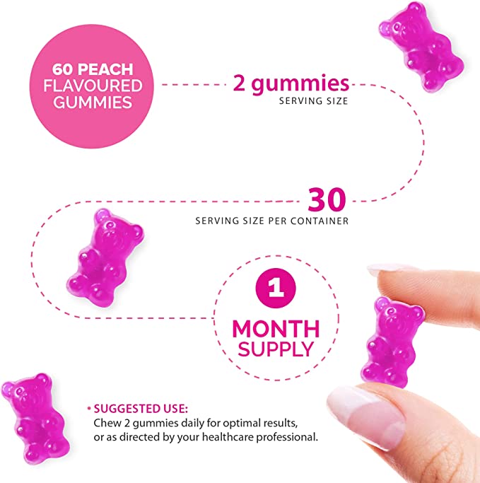 Novomins Marine Collagen Gummies Peach 60 Count natural peach flavour 2 per day gummies